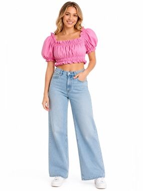 Zara Pink Puff Sleeve Smocked Crop‎ Top Sz S Cottagecore Off Shoulder Boho